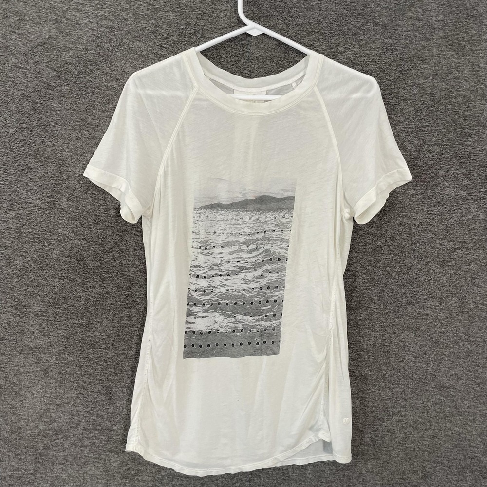 Lululemon Anahatasana Shirt Womens L White Sheer Graphic Short Sleeve Yoga Top